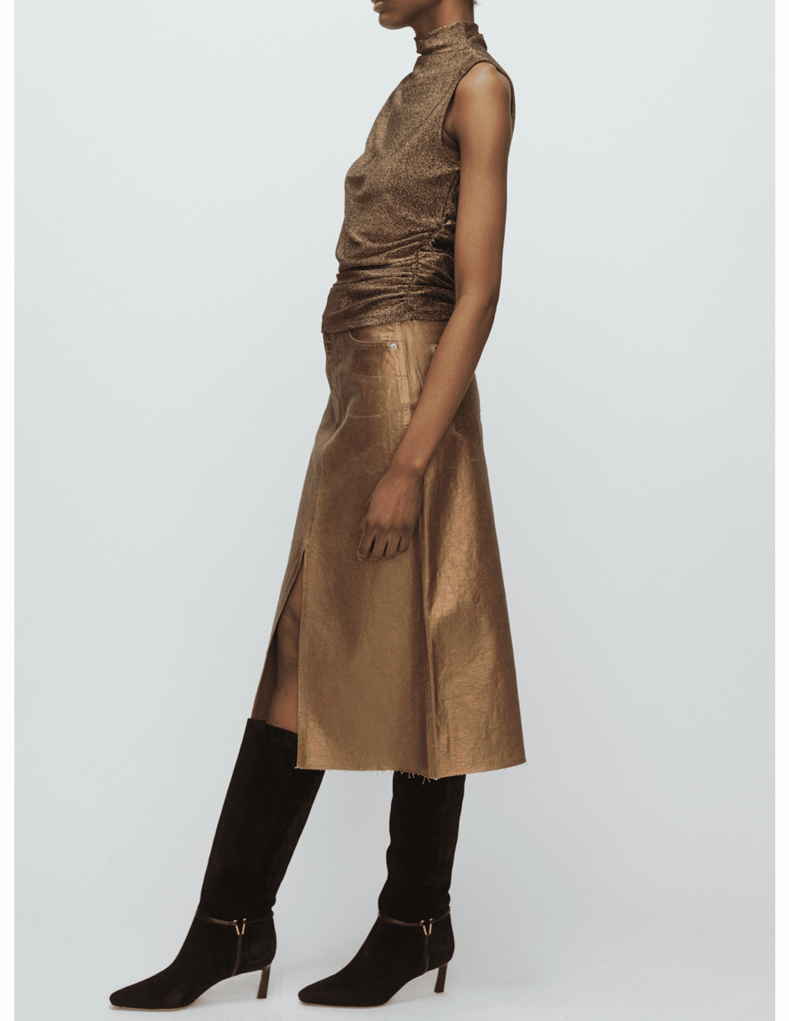 All Fit Design Unisex Fashion Veronica Beard Victoria Metallic Denim Midi Skirt in Antique Brass