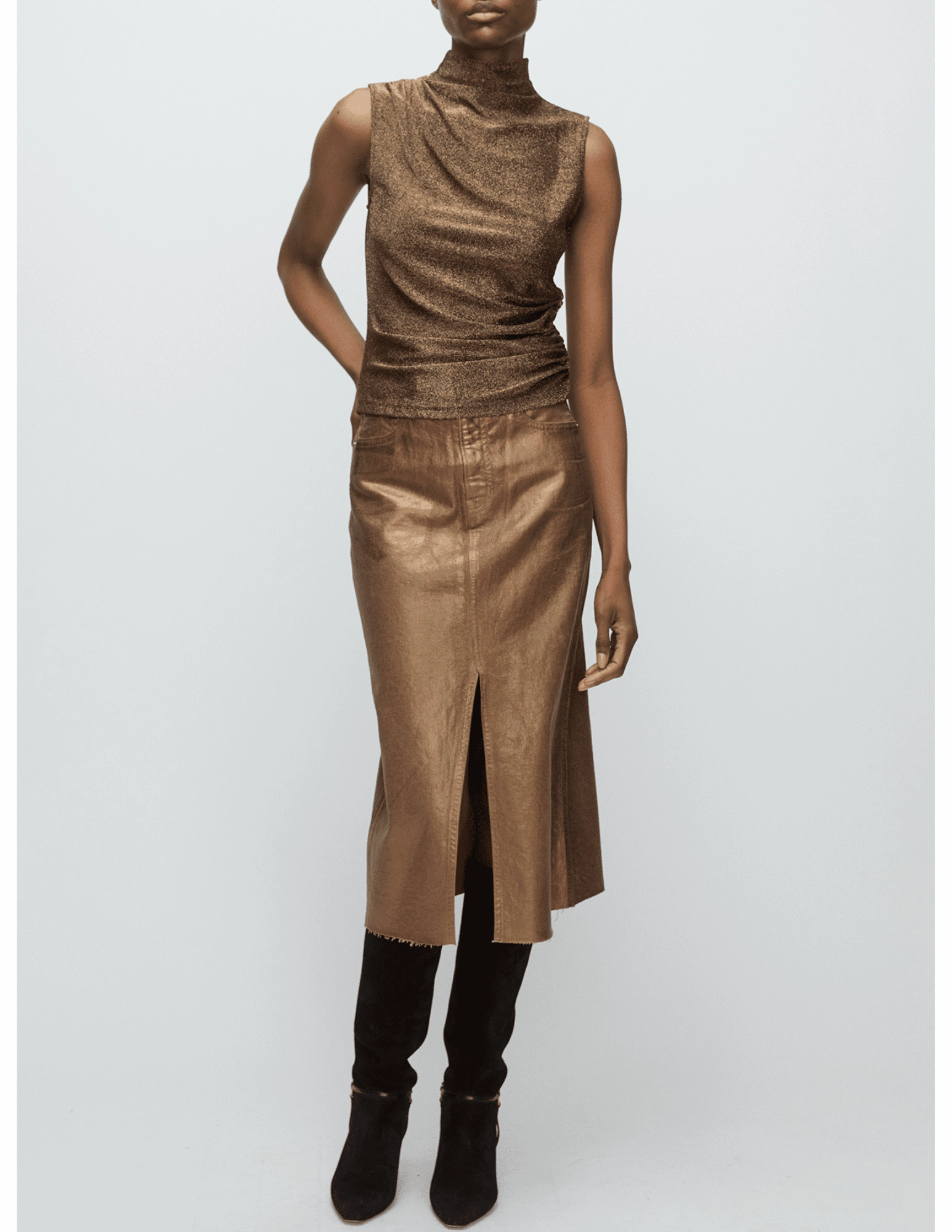 Basic Necessity Weekend Getaway Stylish Veronica Beard Victoria Metallic Denim Midi Skirt in Antique Brass