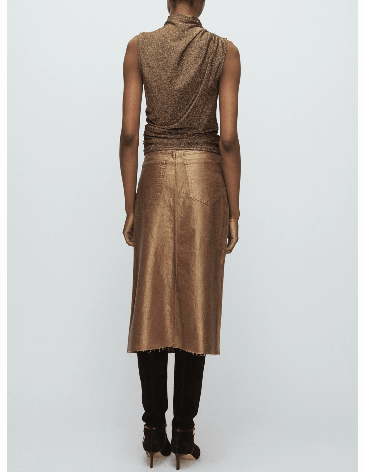 Veronica Beard Victoria Metallic Denim Midi Skirt in Antique Brass Quick Dry Technology Universal Fit Design