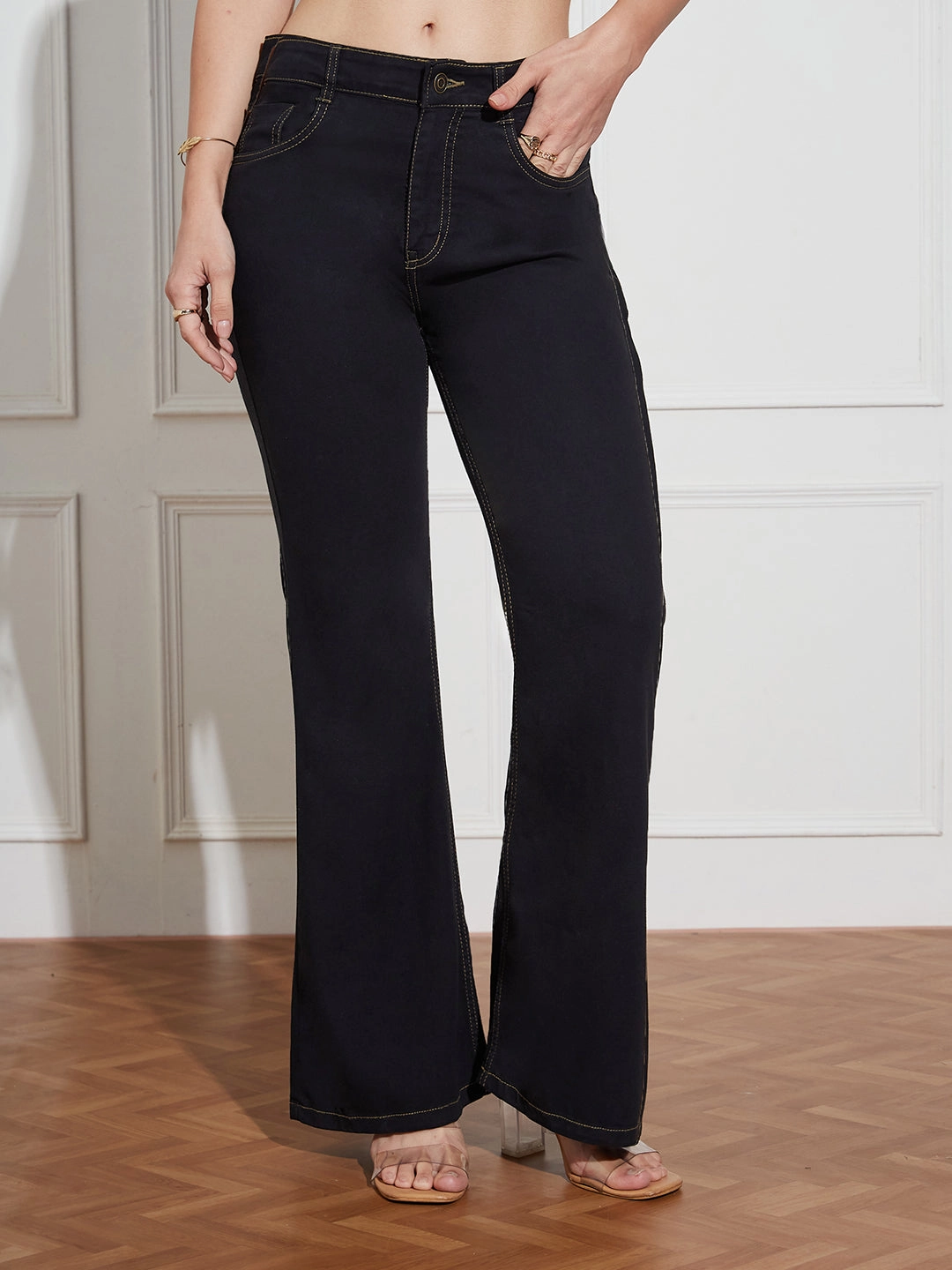 Women's Black Bootcut High-Rise Clean-Look Regular-Length Stretchable Denim Jeans Winter Warmth Sustainable Trendy Look