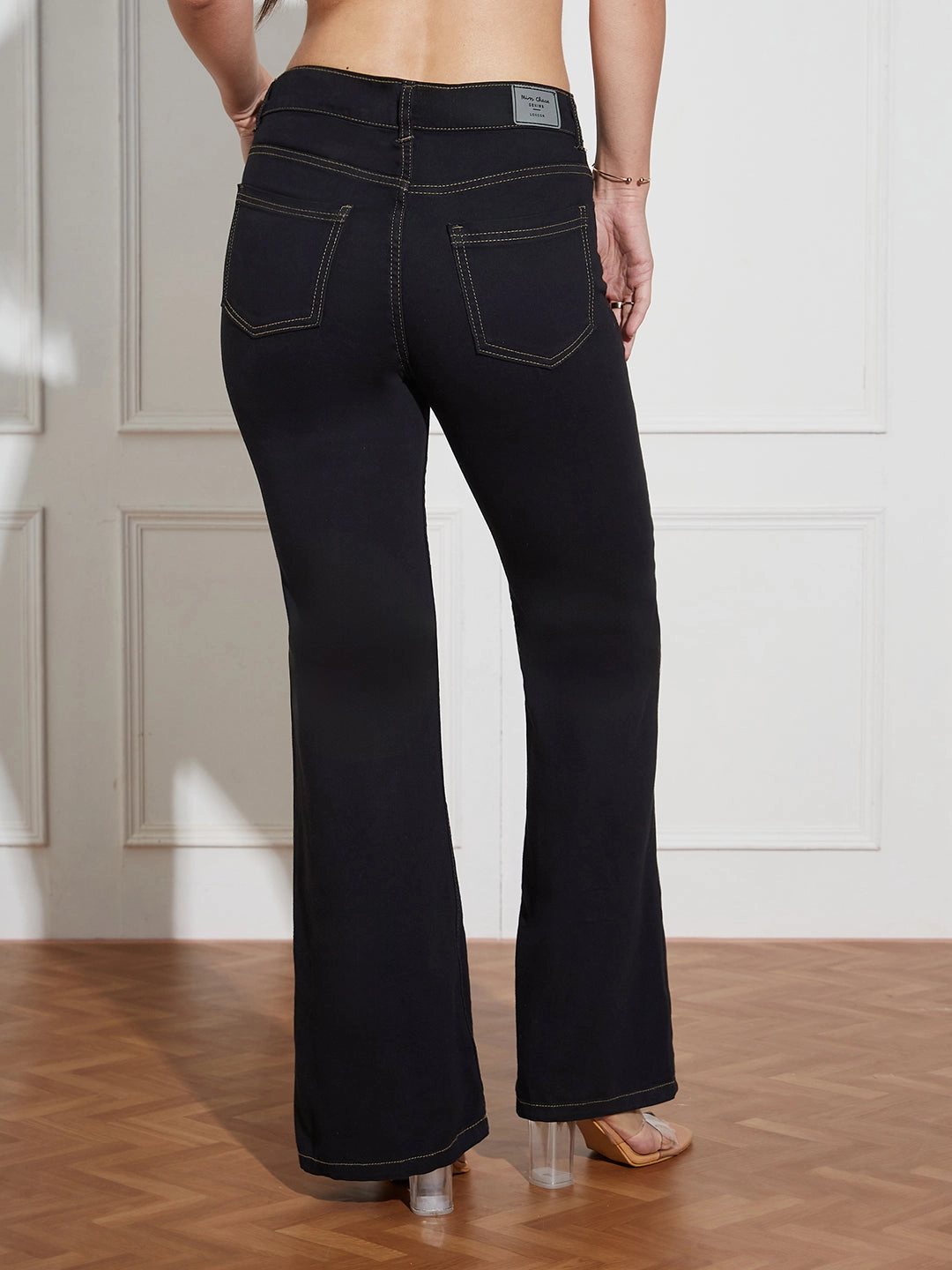 Women's Black Bootcut High-Rise Clean-Look Regular-Length Stretchable Denim Jeans Versatile Weekend Style