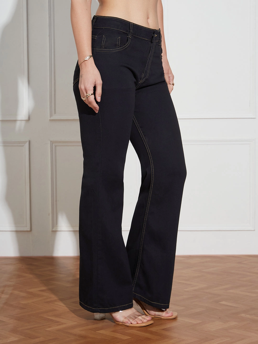 Button Fly Option Casual Morning Stroll Women's Black Bootcut High-Rise Clean-Look Regular-Length Stretchable Denim Jeans