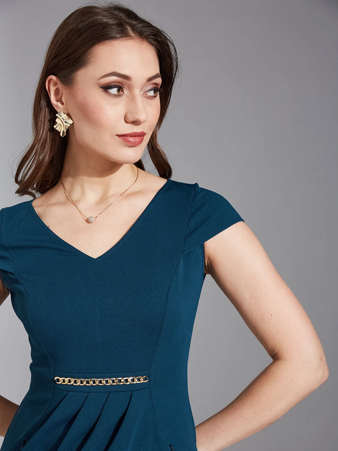 Functional Style Crease Ease Women's Teal V-Neck Cap Sleeve Solid Wrapped Knee-Long Dress