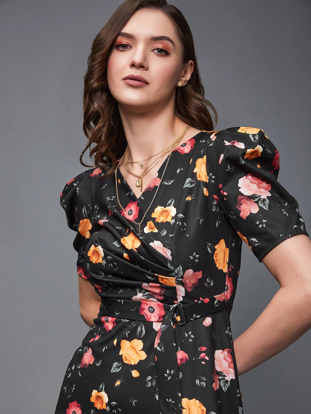 Crease Ease Women's Multicolored-Base-Black V-Neck Pleated Puff Sleeve Floral Patterned Wrap Midi Polyester Dress Weekend Chic Tall-Fit