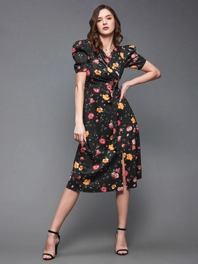 French Vibe Crease Ease Women's Multicolored-Base-Black V-Neck Pleated Puff Sleeve Floral Patterned Wrap Midi Polyester Dress