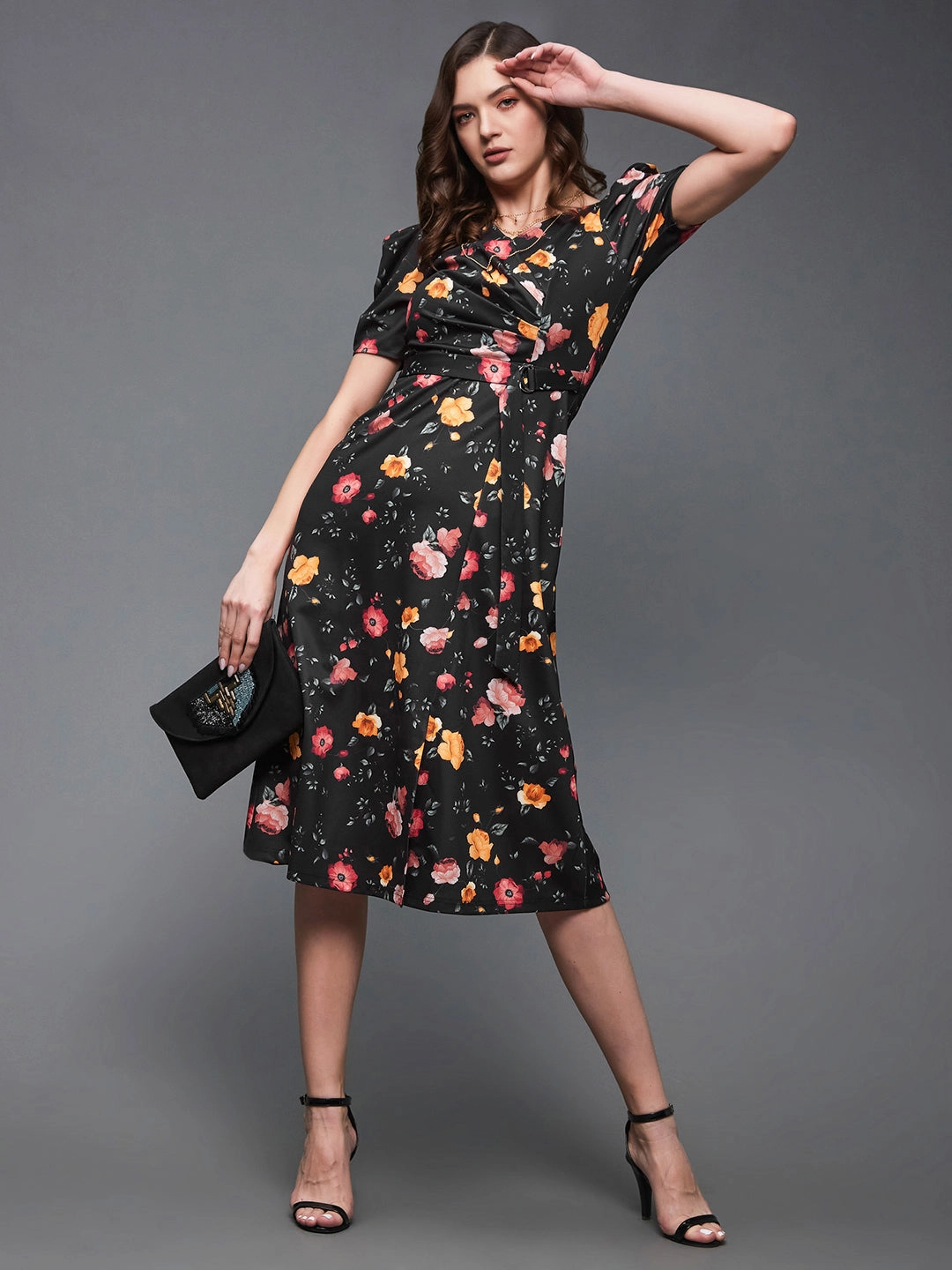Crease Ease Women's Multicolored-Base-Black V-Neck Pleated Puff Sleeve Floral Patterned Wrap Midi Polyester Dress Back-Pocket Cozy Touch
