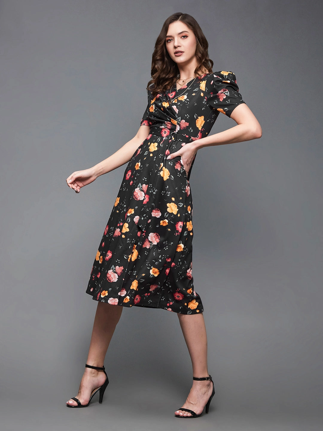 Crease Ease Women's Multicolored-Base-Black V-Neck Pleated Puff Sleeve Floral Patterned Wrap Midi Polyester Dress Minimalist fit-and-flare