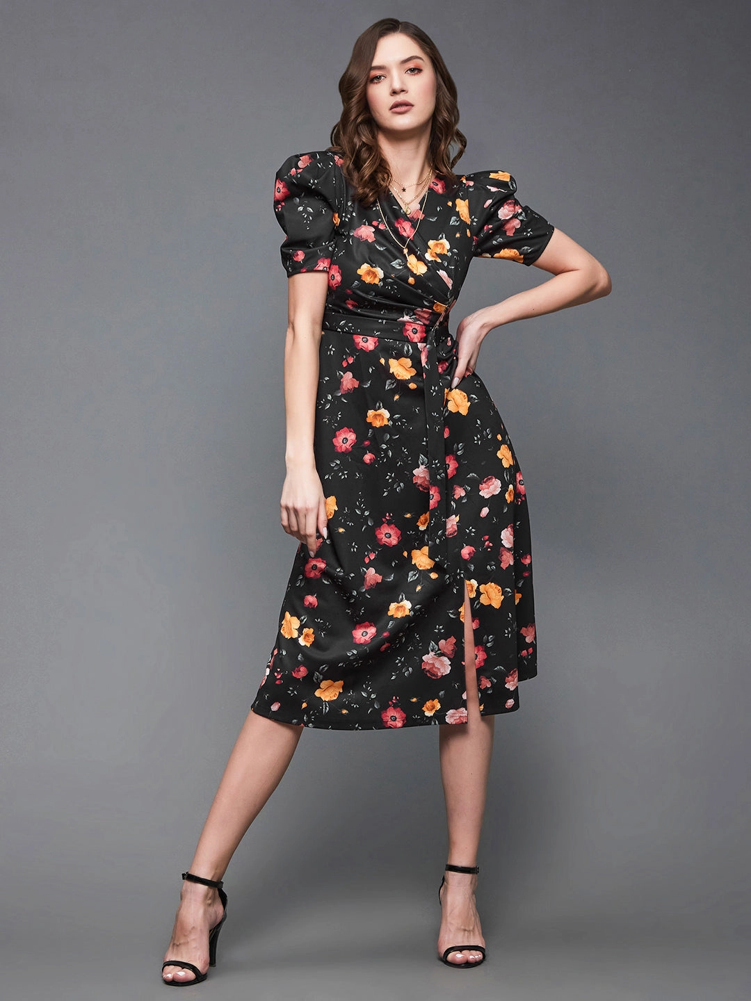 French Vibe Crease Ease Women's Multicolored-Base-Black V-Neck Pleated Puff Sleeve Floral Patterned Wrap Midi Polyester Dress