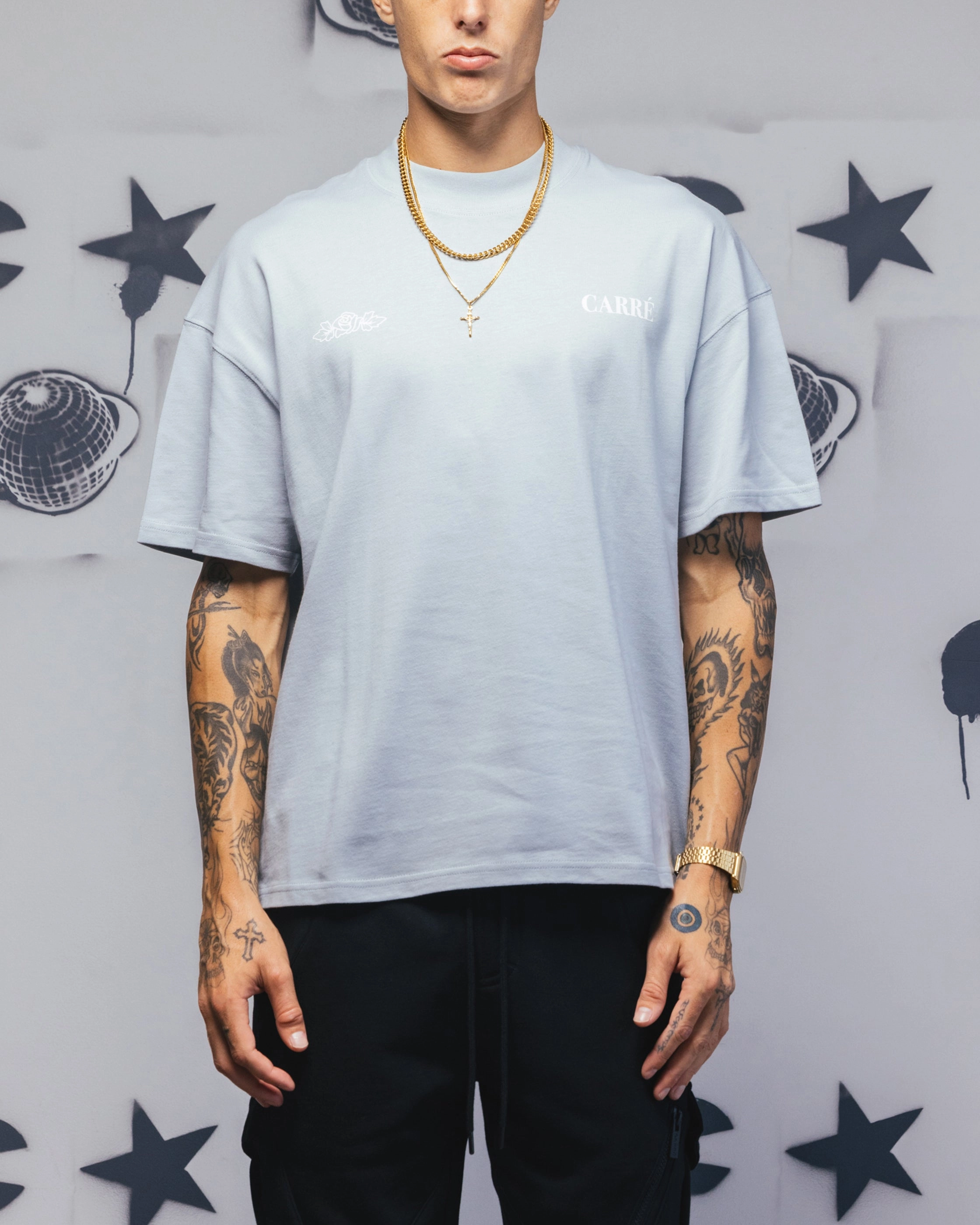 ZeroWaste Construction Curved Hem Design Carre Bloom T-Shirt Dirty Blue