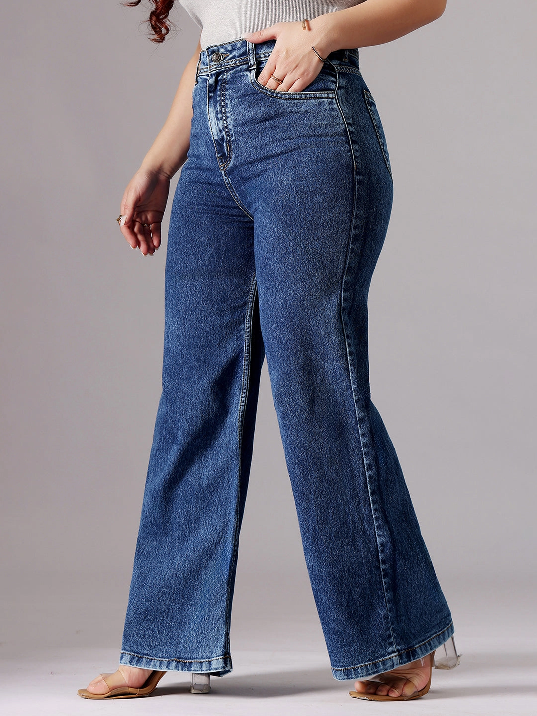 Sleek Shape Must Have Wear 24/7 Comfort Mid-Blue Wide-Leg High-Rise Regular-Length Stretchable Denim Jeans