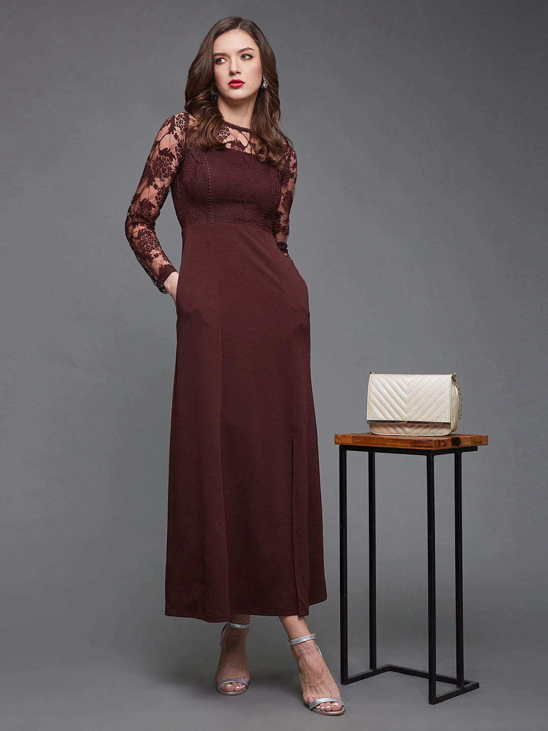 Bold Patterns Crease Ease Women's Wine Colored Floral Polyester Slim Fit Round Neck Full Sleeve Maxi Dress