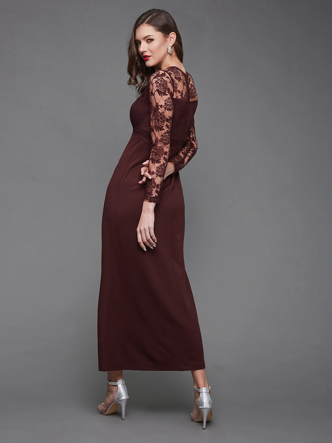 Gemstone-Detail Crease Ease Women's Wine Colored Floral Polyester Slim Fit Round Neck Full Sleeve Maxi Dress