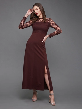 Crease Ease Women's Wine Colored Floral Polyester Slim Fit Round Neck Full Sleeve Maxi Dress Date night