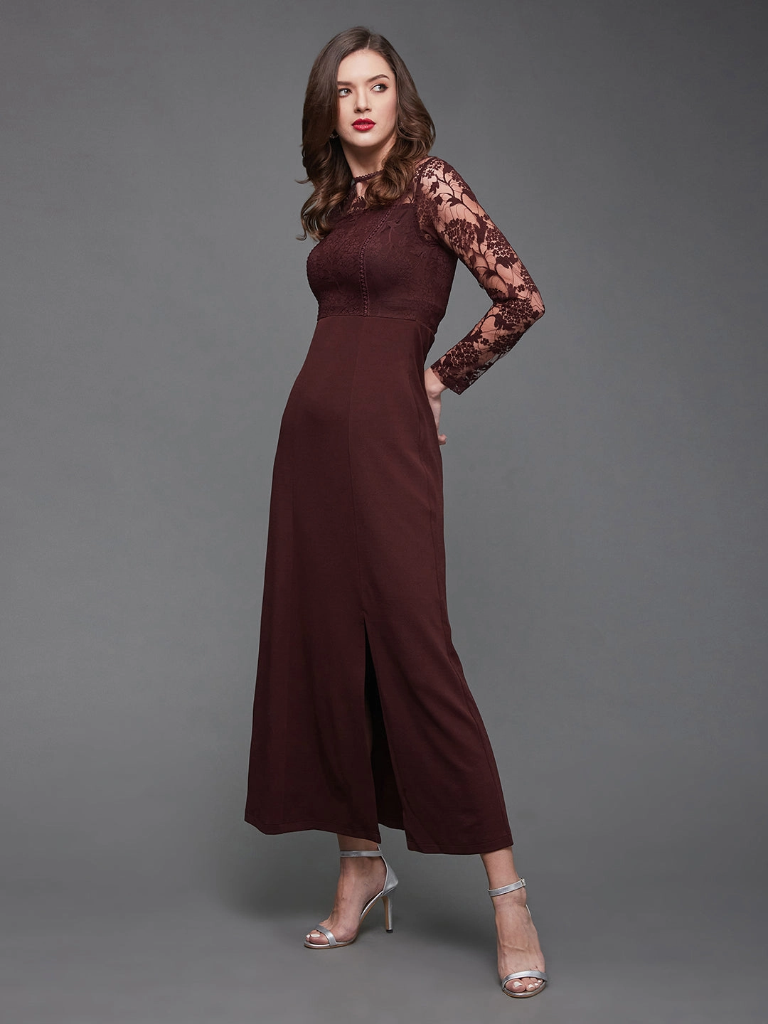 Crease Ease Women's Wine Colored Floral Polyester Slim Fit Round Neck Full Sleeve Maxi Dress Urban Classic