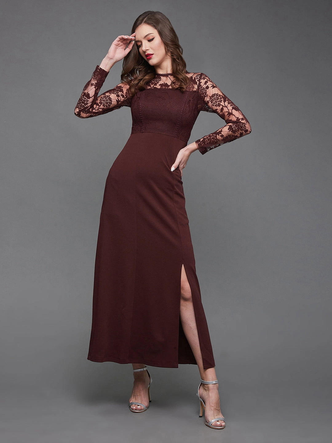 Crease Ease Women's Wine Colored Floral Polyester Slim Fit Round Neck Full Sleeve Maxi Dress Date night