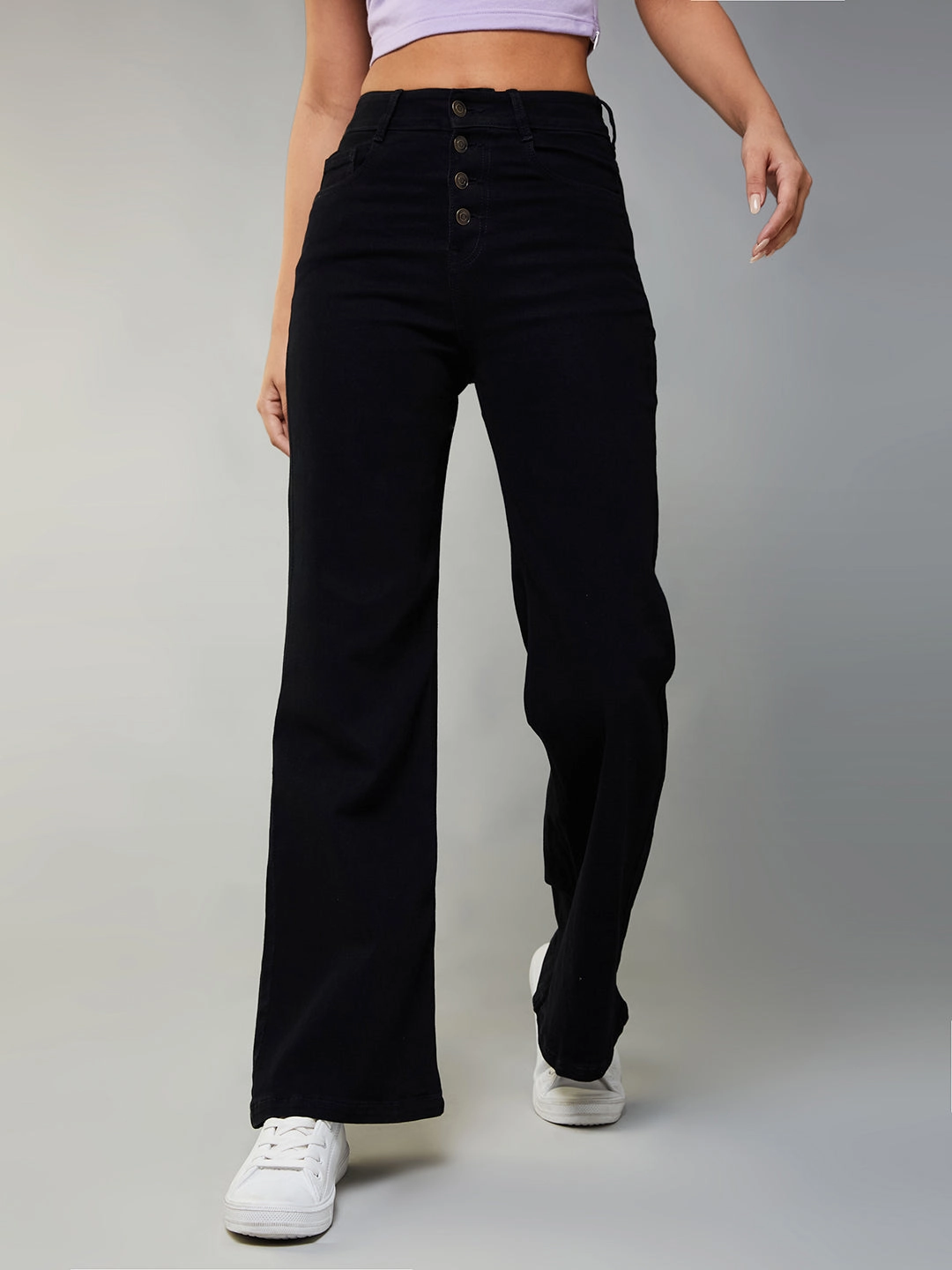 Classic Office Wear Travel Outfit Professional Wear 24/7 Comfort Black Wide-Leg High-Rise Stretchable Denim Jeans