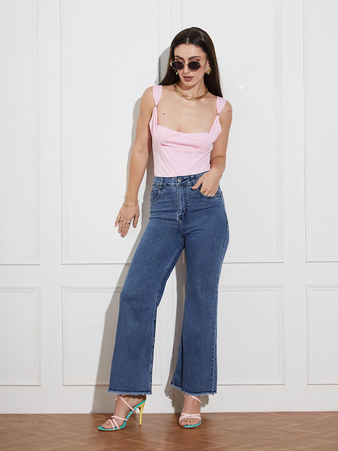 Cool And Clean Premium Denim Women's Navy-Blue Wide-Leg High Rise Regular-Length Stretchable Denim Jeans