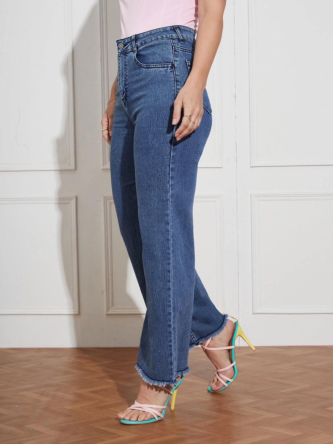 Regular Style Softened Texture Women's Navy-Blue Wide-Leg High Rise Regular-Length Stretchable Denim Jeans