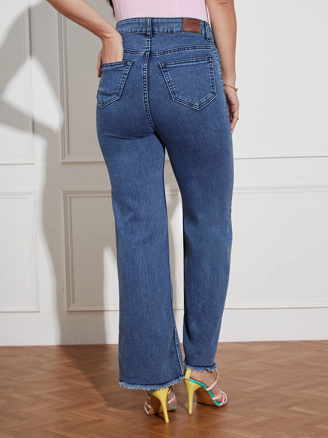 Softened Lining Women's Navy-Blue Wide-Leg High Rise Regular-Length Stretchable Denim Jeans