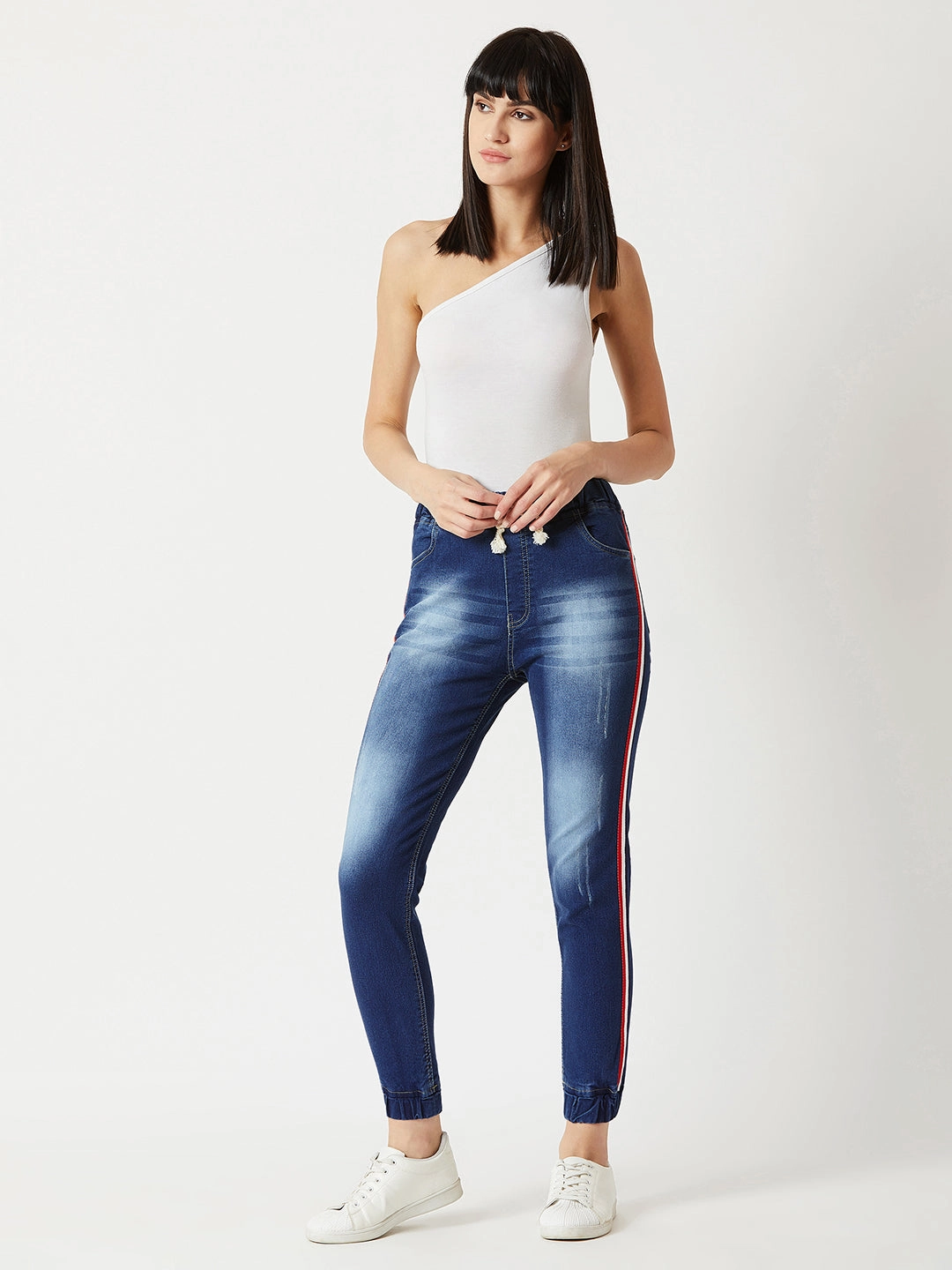 Women's Navy Blue Relaxed Fit Mid Rise Regular Length Multicolored Twill Tape Detailing Scraped Denim Stretchable Jogger Pants Stretchable Design Abrasion Proof Reinforcements