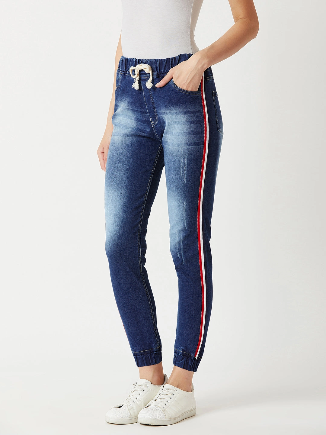 Women's Navy Blue Relaxed Fit Mid Rise Regular Length Multicolored Twill Tape Detailing Scraped Denim Stretchable Jogger Pants SecureClosureSystem Freedom Fit