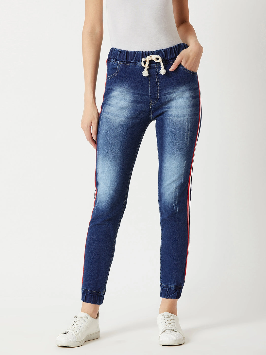 Stay Flexible Women's Navy Blue Relaxed Fit Mid Rise Regular Length Multicolored Twill Tape Detailing Scraped Denim Stretchable Jogger Pants