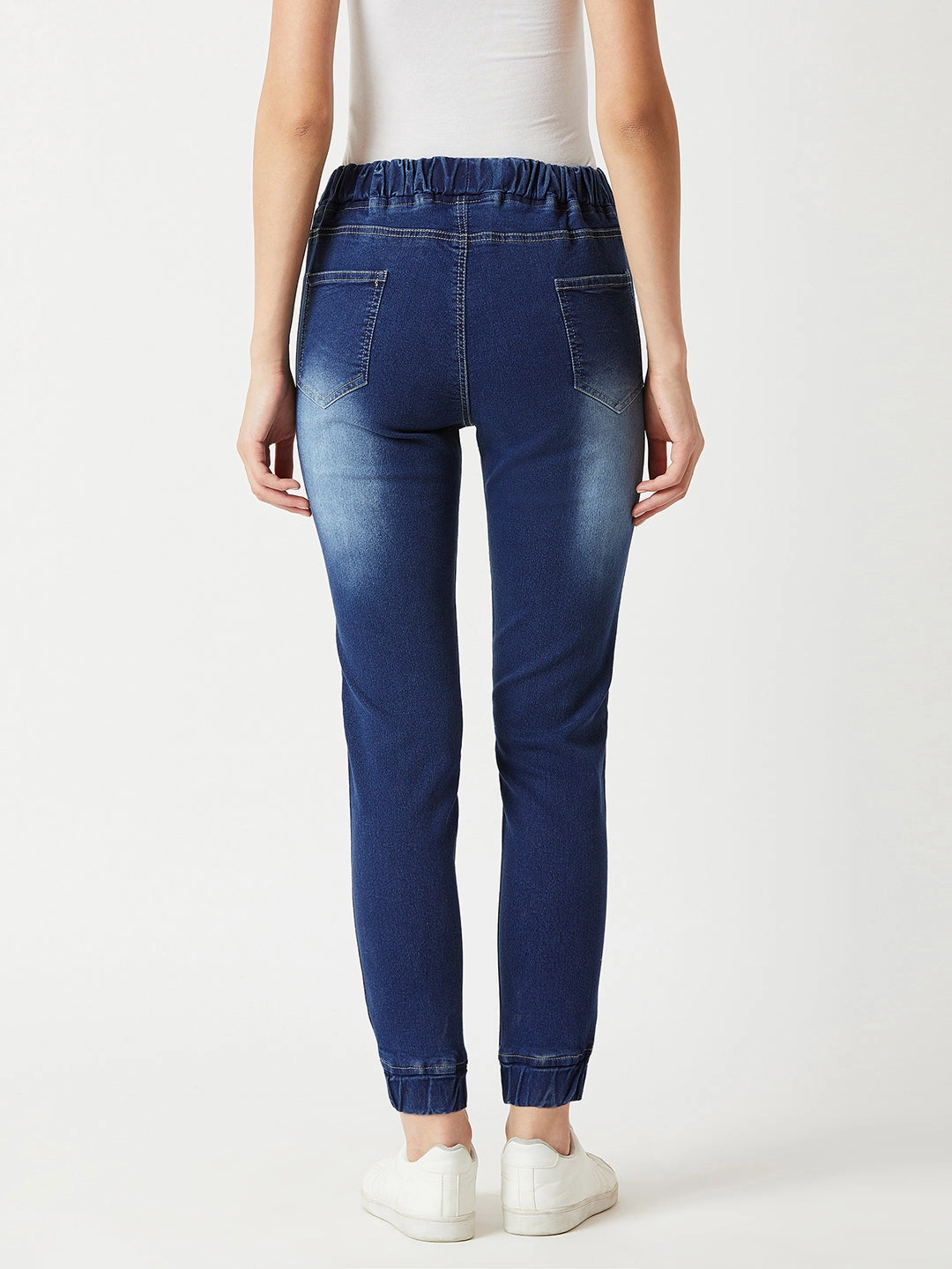 ErgonomicArticulatedDesign Functional Ease Women's Navy Blue Relaxed Fit Mid Rise Regular Length Multicolored Twill Tape Detailing Scraped Denim Stretchable Jogger Pants