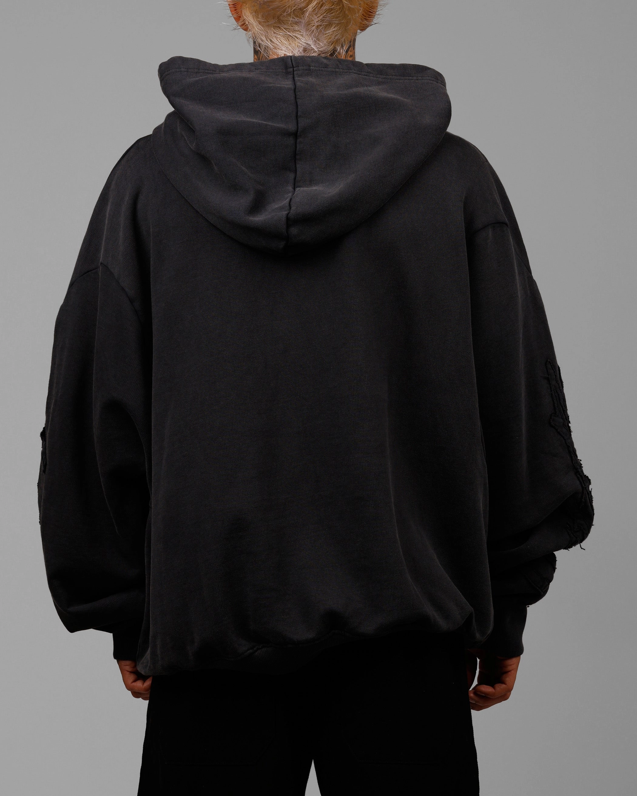 Loiter Dune Hoodie Washed Black Tapered Cut Bound Seam Edges