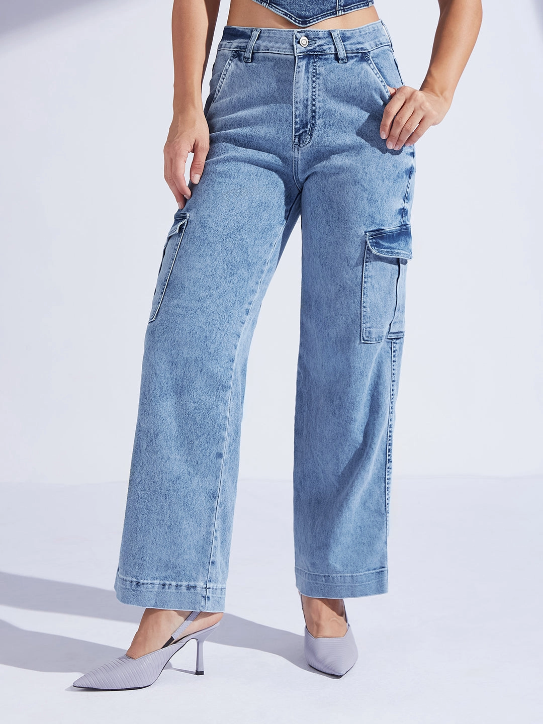 Women's Light Blue Wide-Leg High-Rise Stretchable Flared Cargo-Style Denim Jeans Foundation Piece