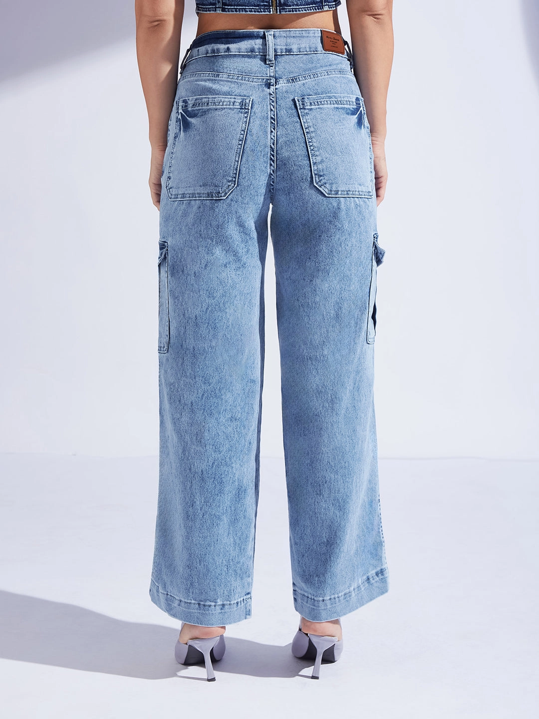 Women's Light Blue Wide-Leg High-Rise Stretchable Flared Cargo-Style Denim Jeans Unisex Outfit City Walk Casual Friday