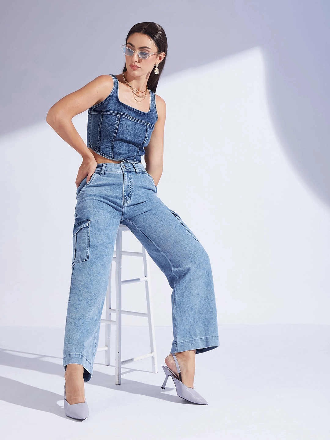 Low Maintenance Fabric Women's Light Blue Wide-Leg High-Rise Stretchable Flared Cargo-Style Denim Jeans