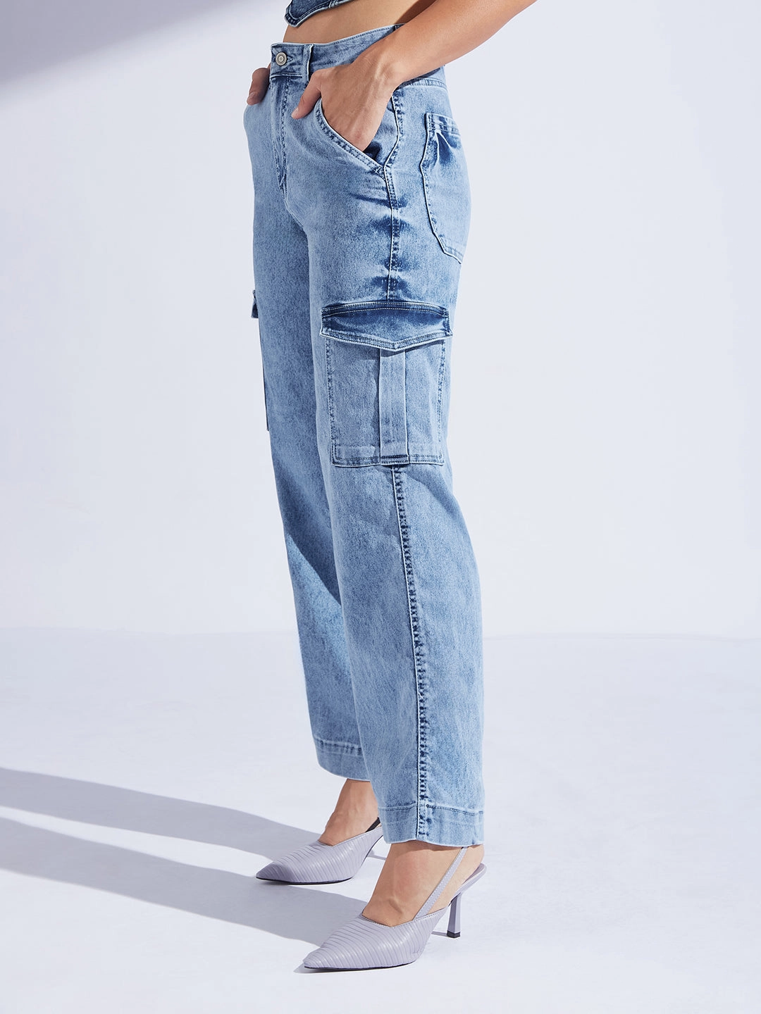 Cozy Vibe Women's Light Blue Wide-Leg High-Rise Stretchable Flared Cargo-Style Denim Jeans