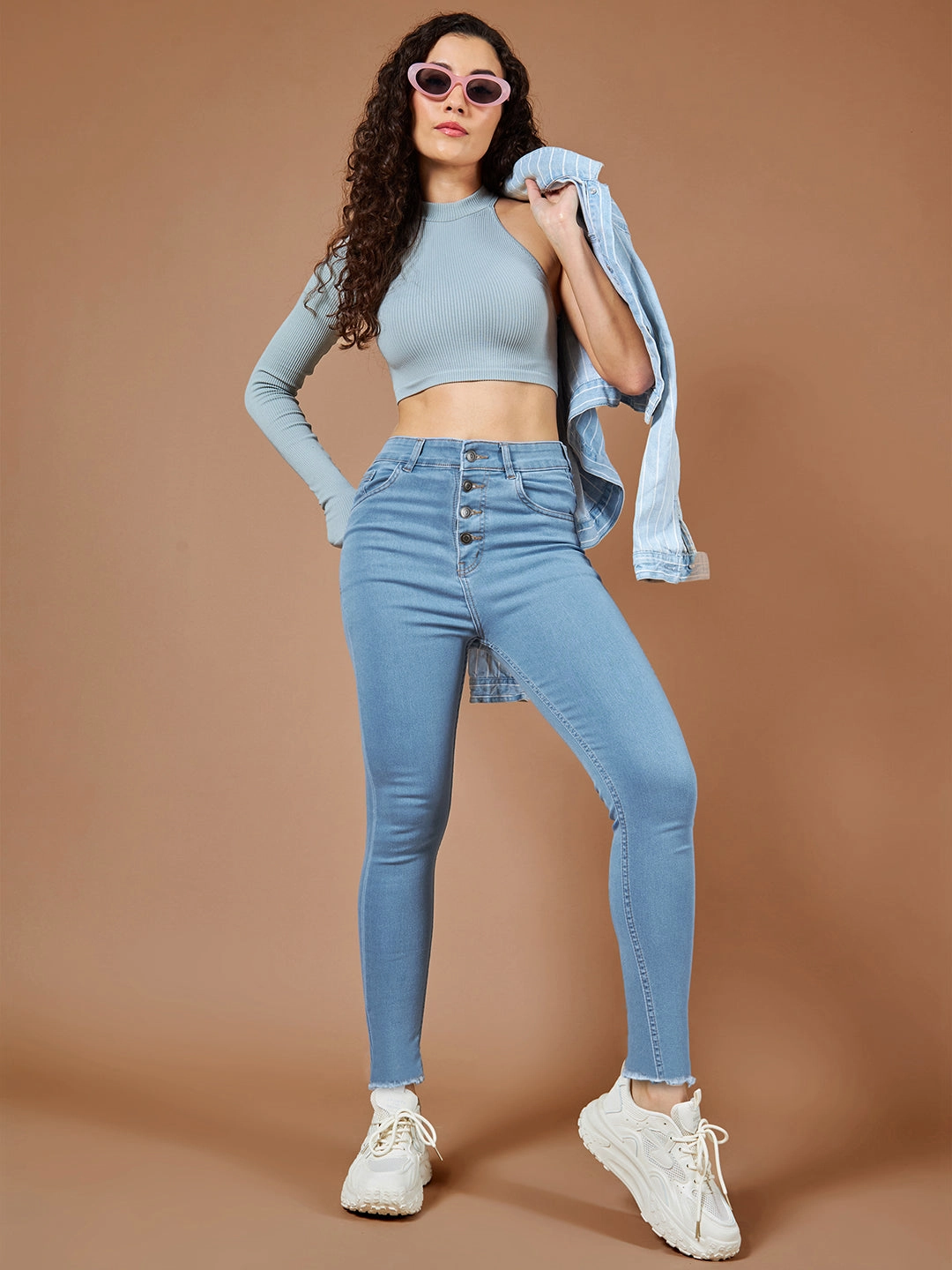 CHASEstretch? Blue Skinny Solid High-Rise Cropped Fringed Hemline Denim Jeans Couple Look Modern