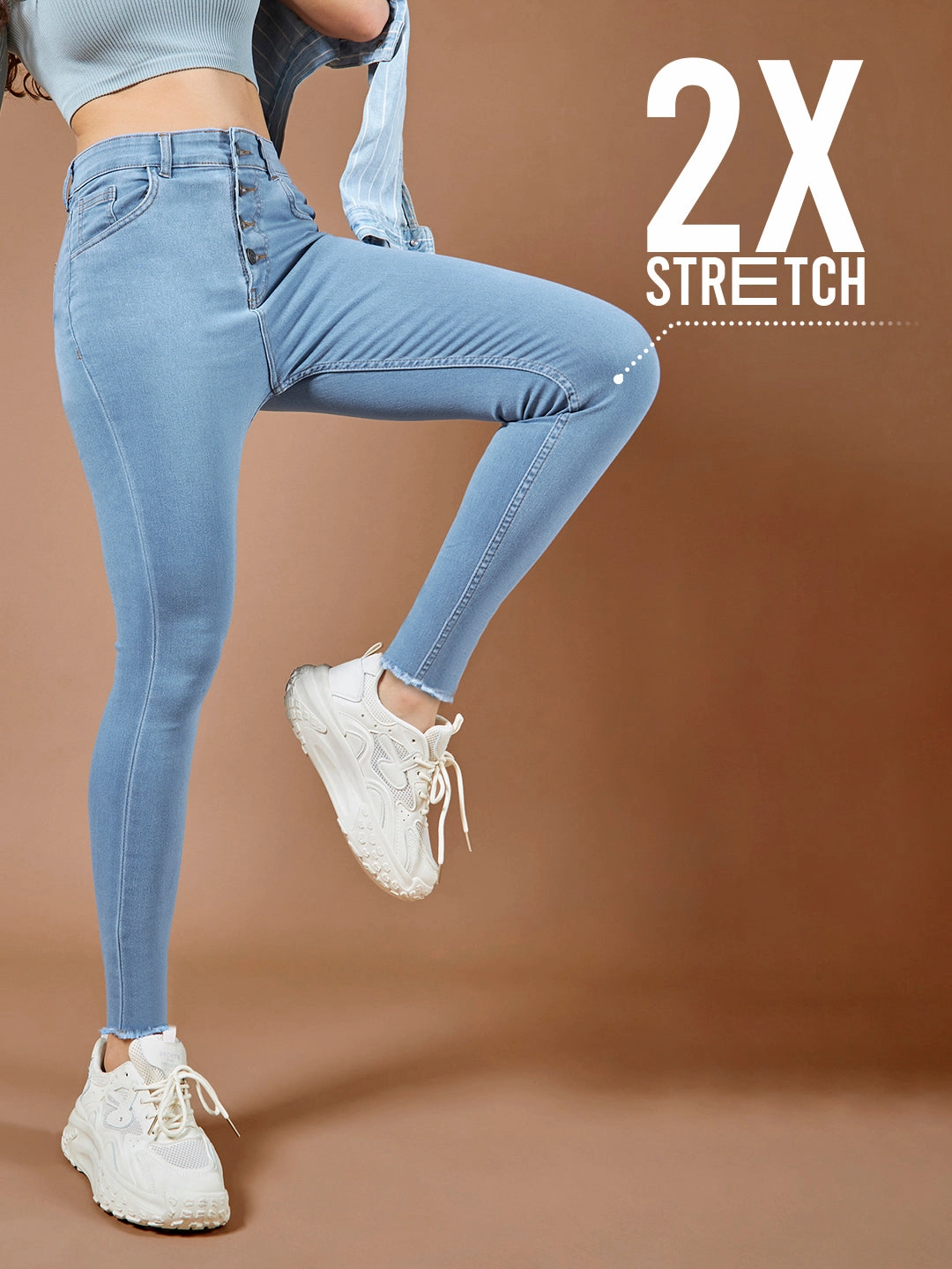 CHASEstretch? Blue Skinny Solid High-Rise Cropped Fringed Hemline Denim Jeans City Ready Luxury Textured Athlete Fit