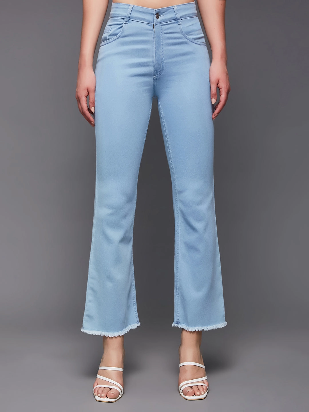 Weighted Hemline Style Basic 24/7 Comfort Light Blue Bell-Bottom Semi-Bootcut High-Rise Cropped Stretchable Denim Jeans