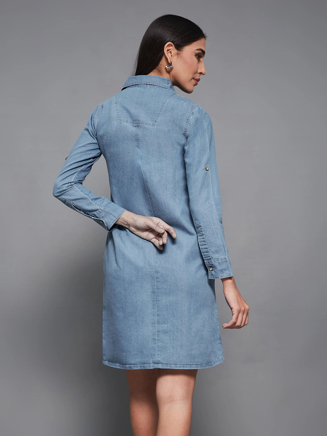 Seasonal Wear Women's Blue Polo Neck Rolled Up Full Sleeve Denim Solid Buttoned A-Line Mini Dress