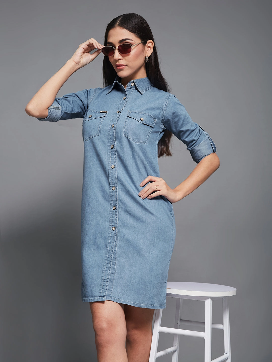 Women's Blue Polo Neck Rolled Up Full Sleeve Denim Solid Buttoned A-Line Mini Dress Smile Soft Timeless Comfort Wear