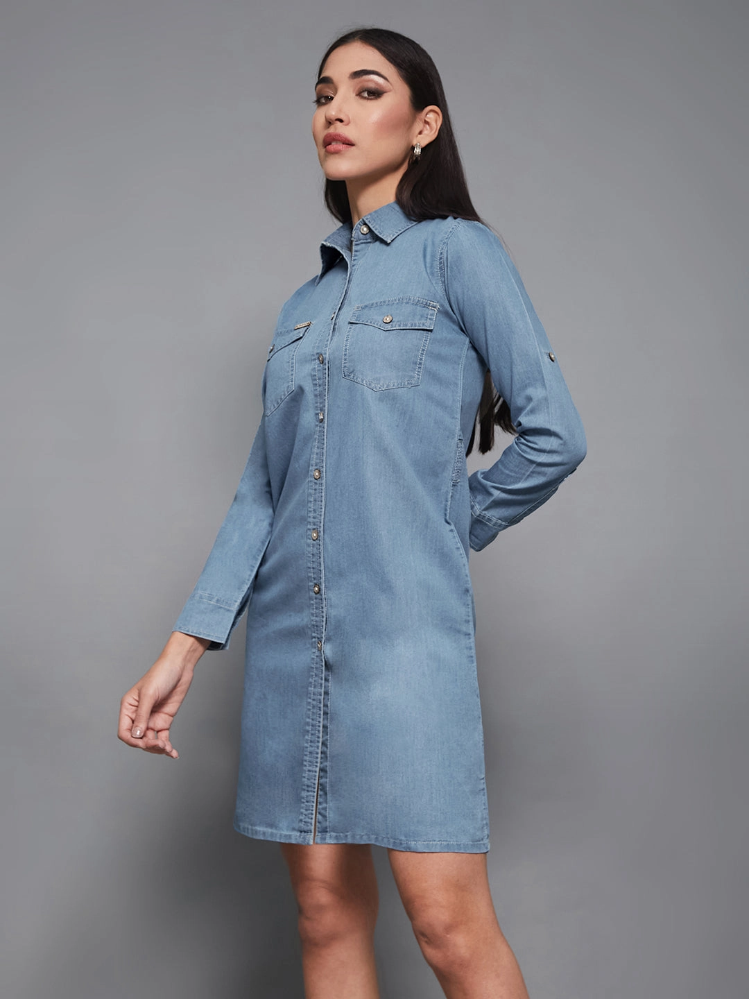Style focused All-Purpose Wear Women's Blue Polo Neck Rolled Up Full Sleeve Denim Solid Buttoned A-Line Mini Dress