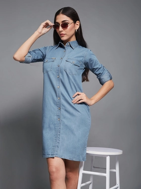 Women's Blue Polo Neck Rolled Up Full Sleeve Denim Solid Buttoned A-Line Mini Dress Smile Soft Timeless Comfort Wear
