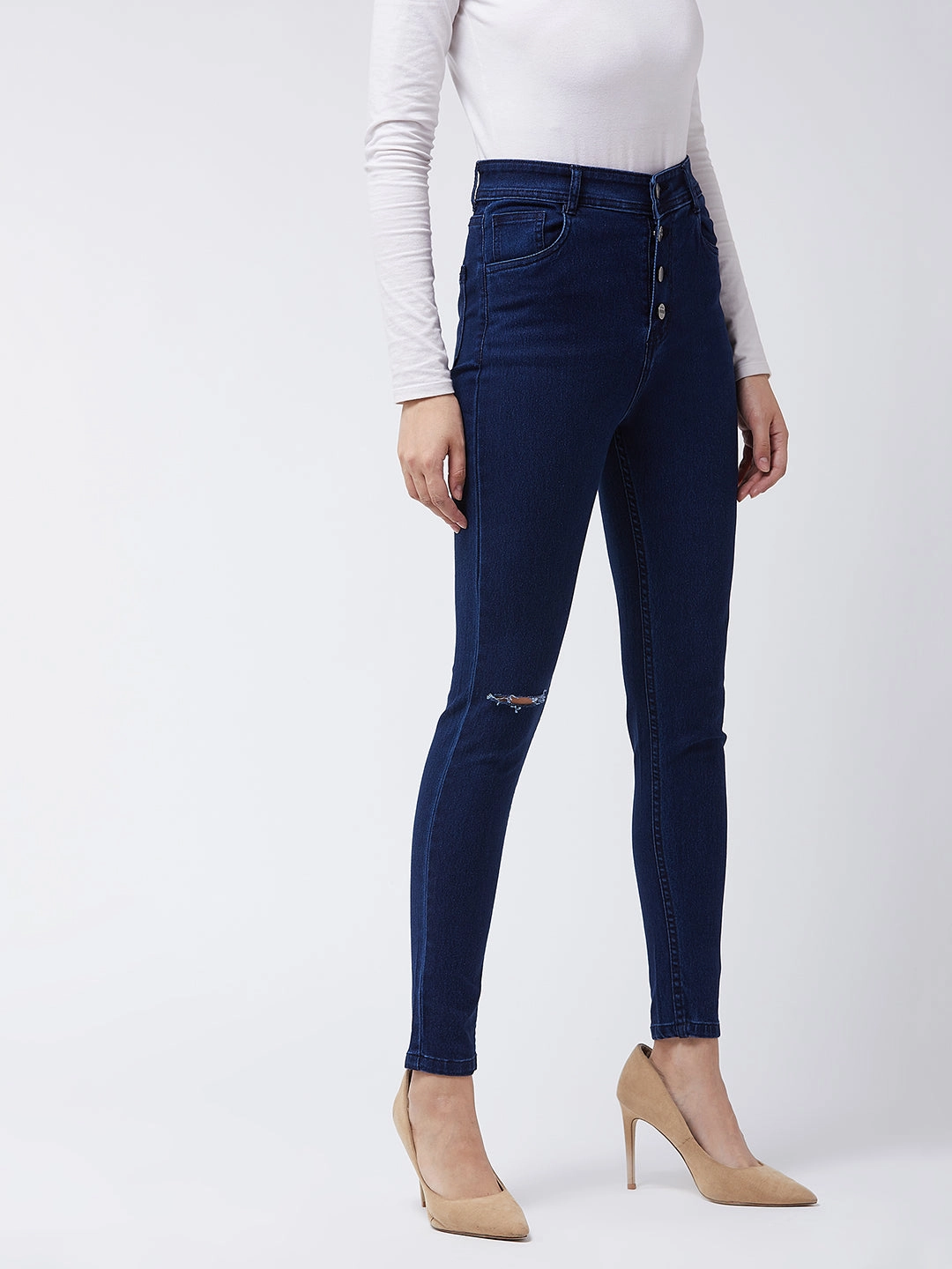 Smart Casual Spring Mood Formal Youth Style Office Wear Women's Navy-Blue Skinny High-Rise Knee-Slit Denim Jeans