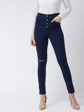 Lifestyle Choice Women's Navy-Blue Skinny High-Rise Knee-Slit Denim Jeans