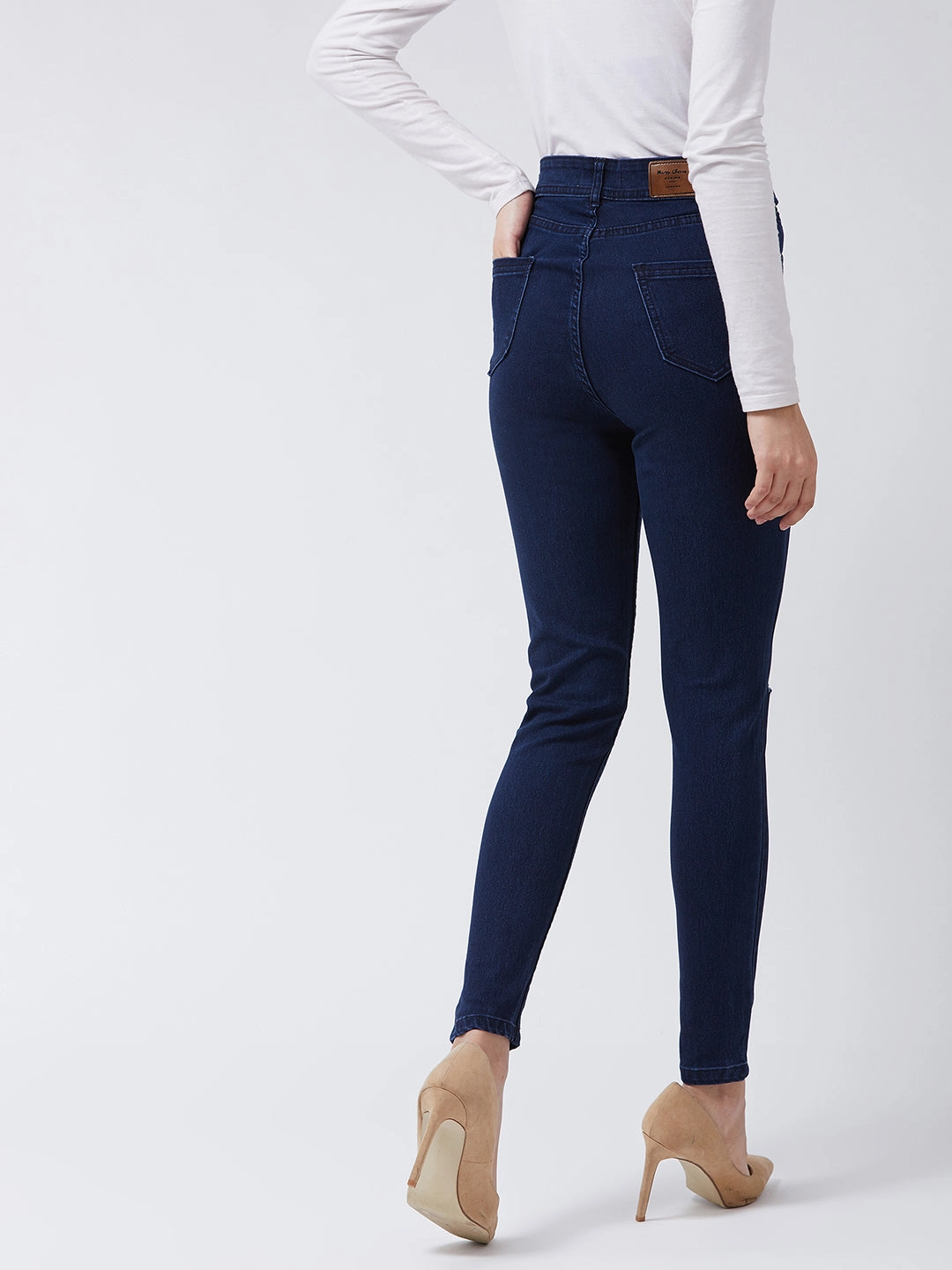 Flexible Waistband Construction Effortless Design Women's Navy-Blue Skinny High-Rise Knee-Slit Denim Jeans