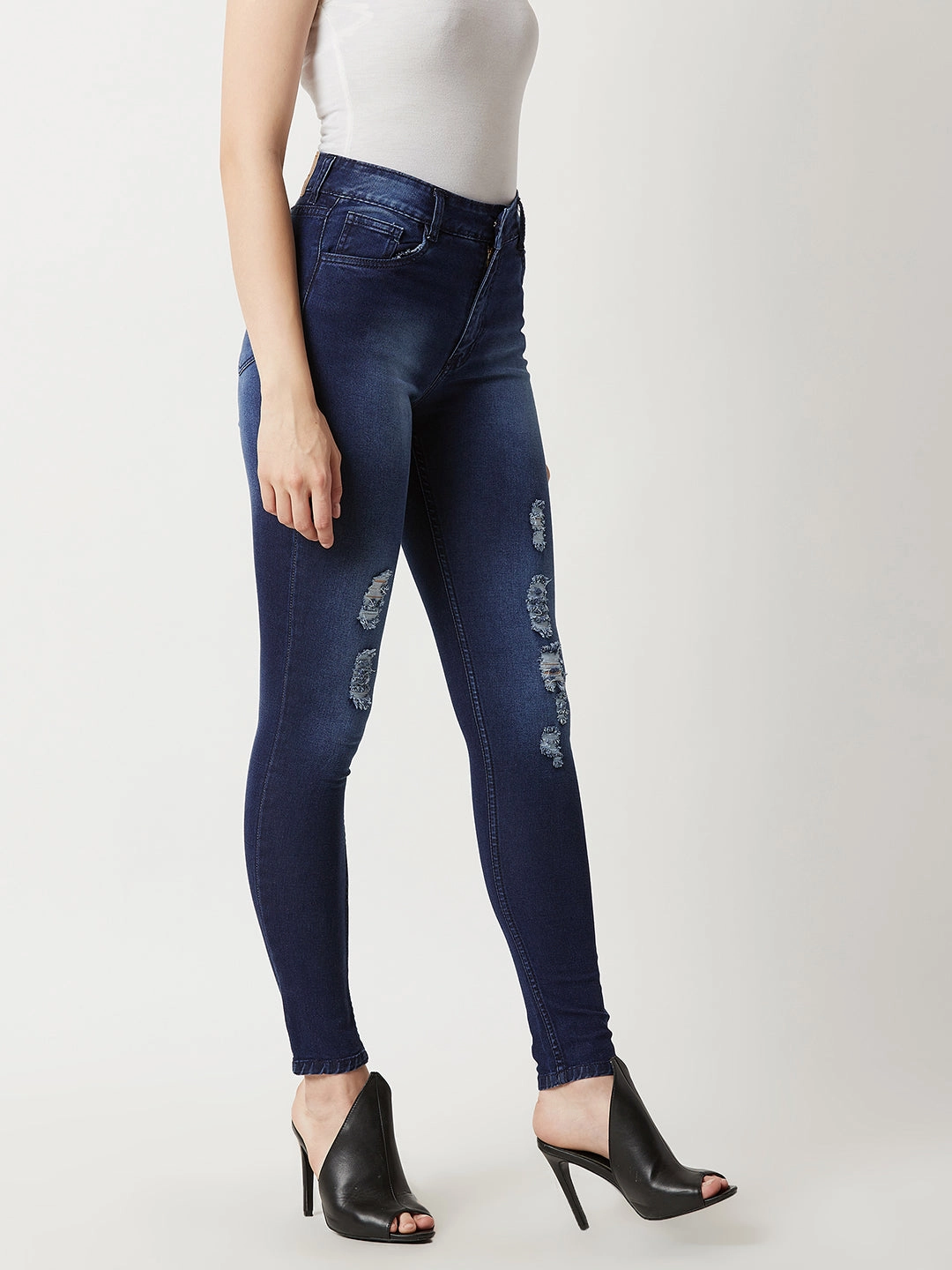 Women's Blue Skinny-Fit Mid-Rise Midly-Distressed Ripped Denim Jeans Office Wear Couple Look Work Ready Professional Wear Weekend Warrior