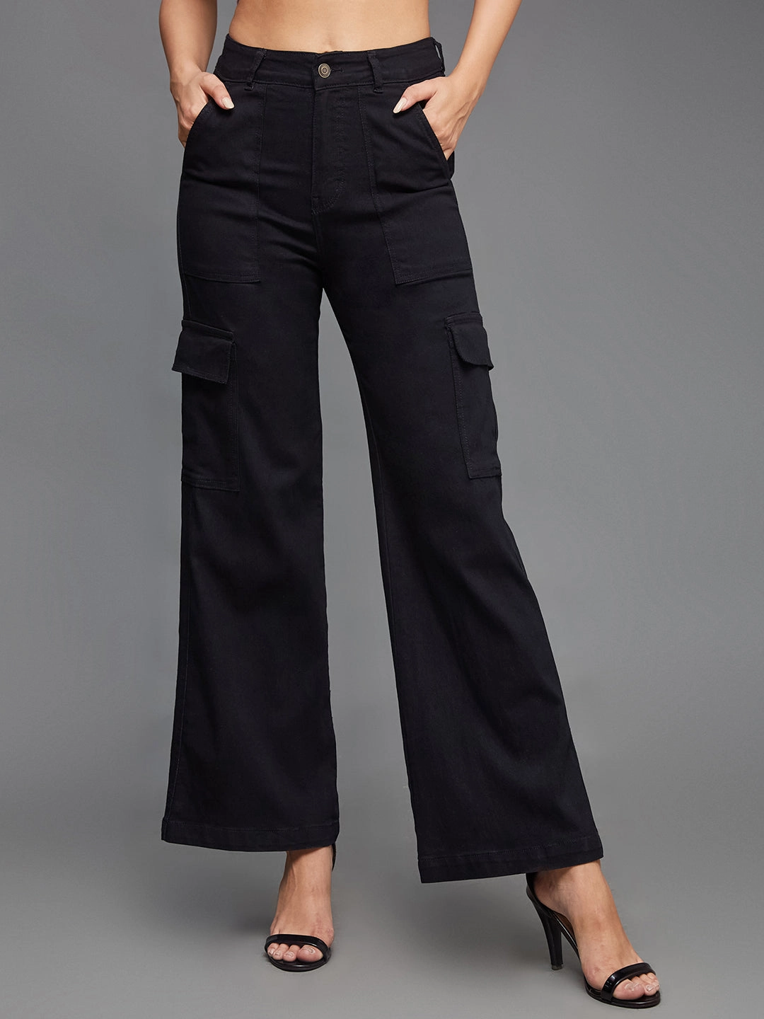 24/7 Comfort Black Wide-Leg High-Rise Stretchable Denim Cargo Jeans Everyday Loose Neutral Loose