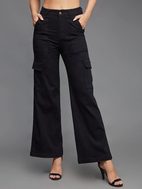 24/7 Comfort Black Wide-Leg High-Rise Stretchable Denim Cargo Jeans Everyday Loose Neutral Loose