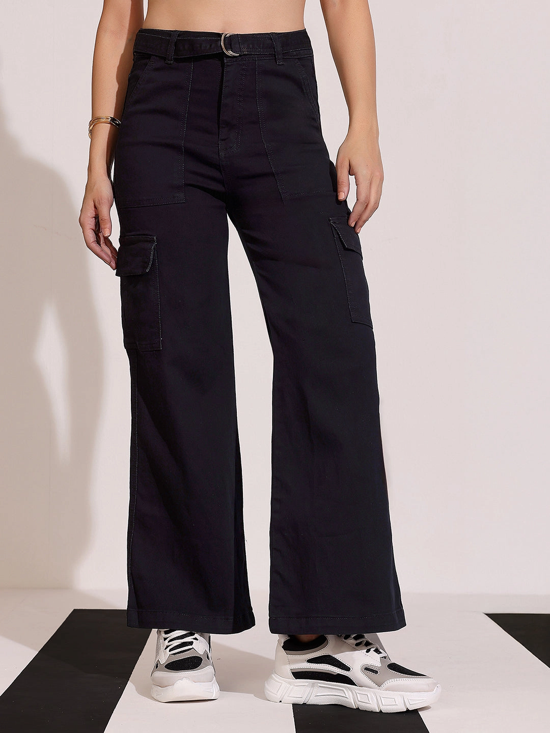 Go-to Wear Women's Black Wide leg High rise Clean look Regular Stretchable Denim Jeans