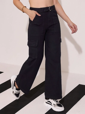 Women's Black Wide leg High rise Clean look Regular Stretchable Denim Jeans Tapered Leg Profile Everyday Loose