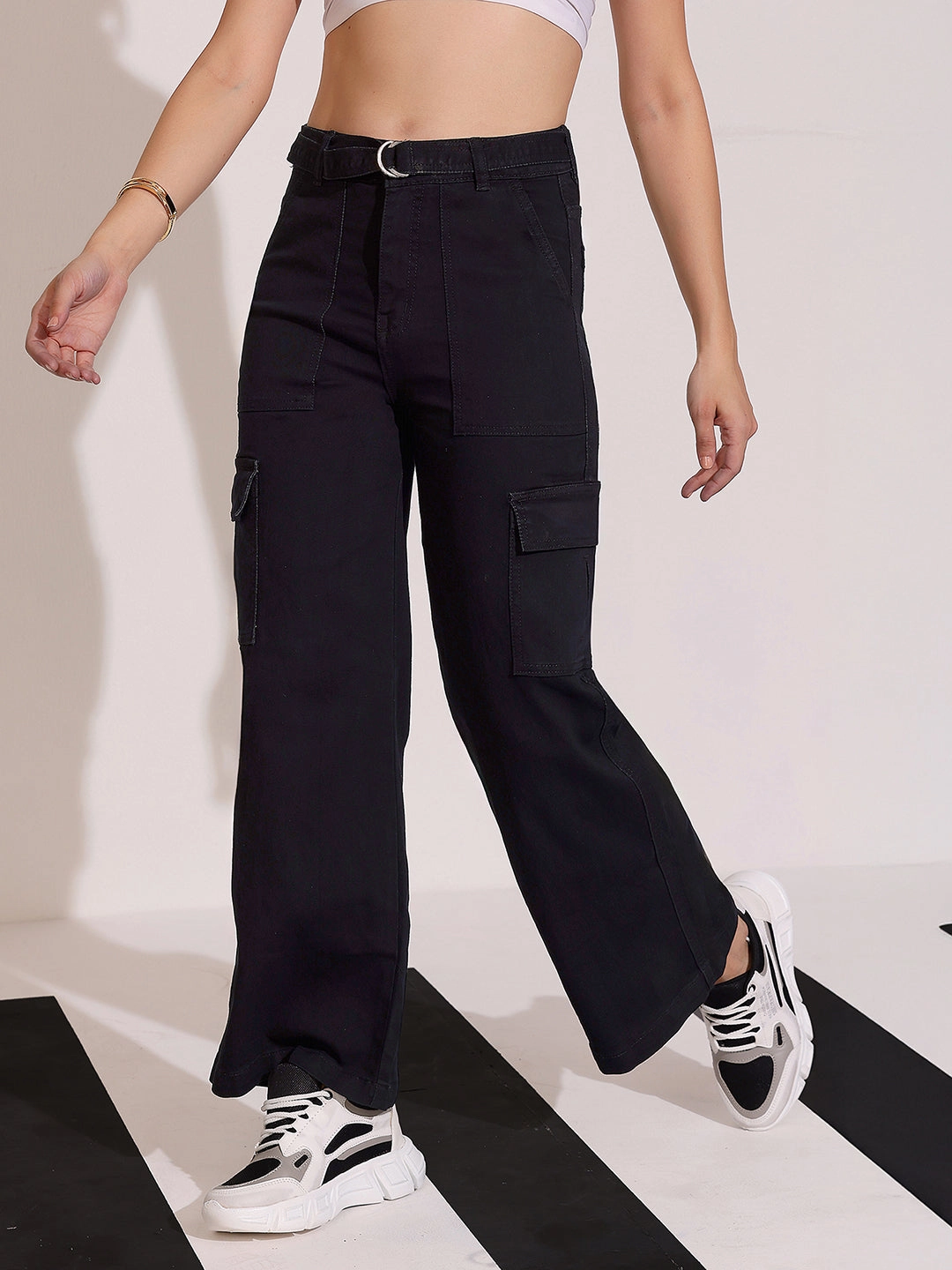 Women's Black Wide leg High rise Clean look Regular Stretchable Denim Jeans Sleek Design