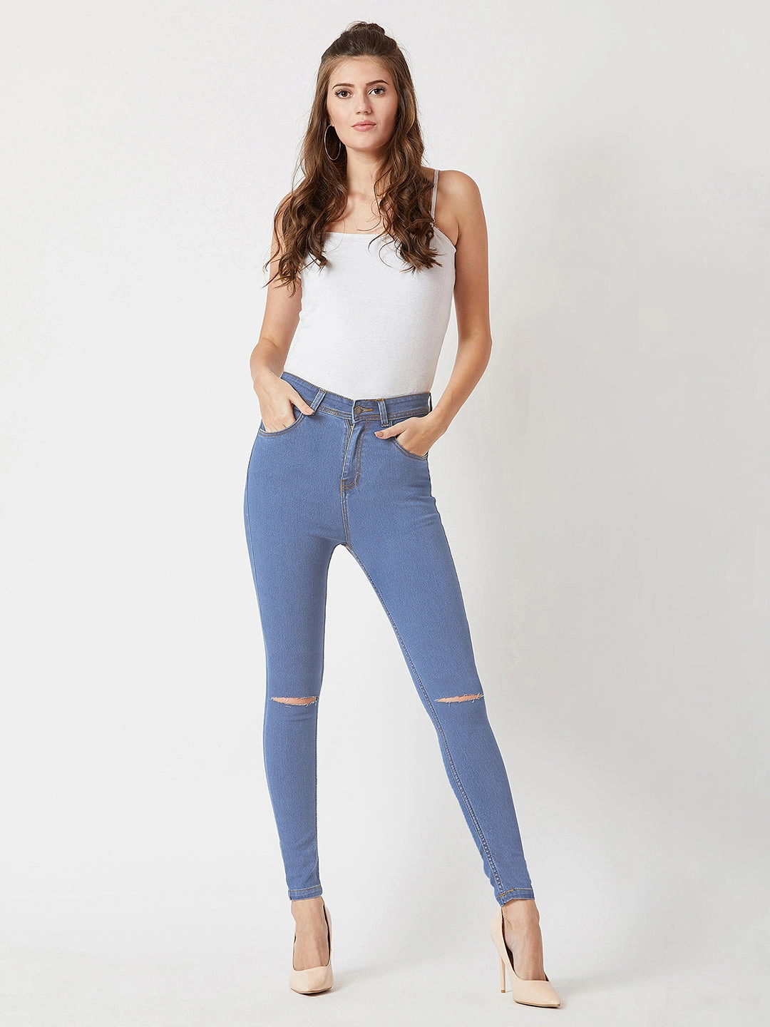 Classic Casual Easy Care 24/7 Comfort Blue Skinny-Fit High-Rise Midly-Distressed Stretchable Denim Jeans