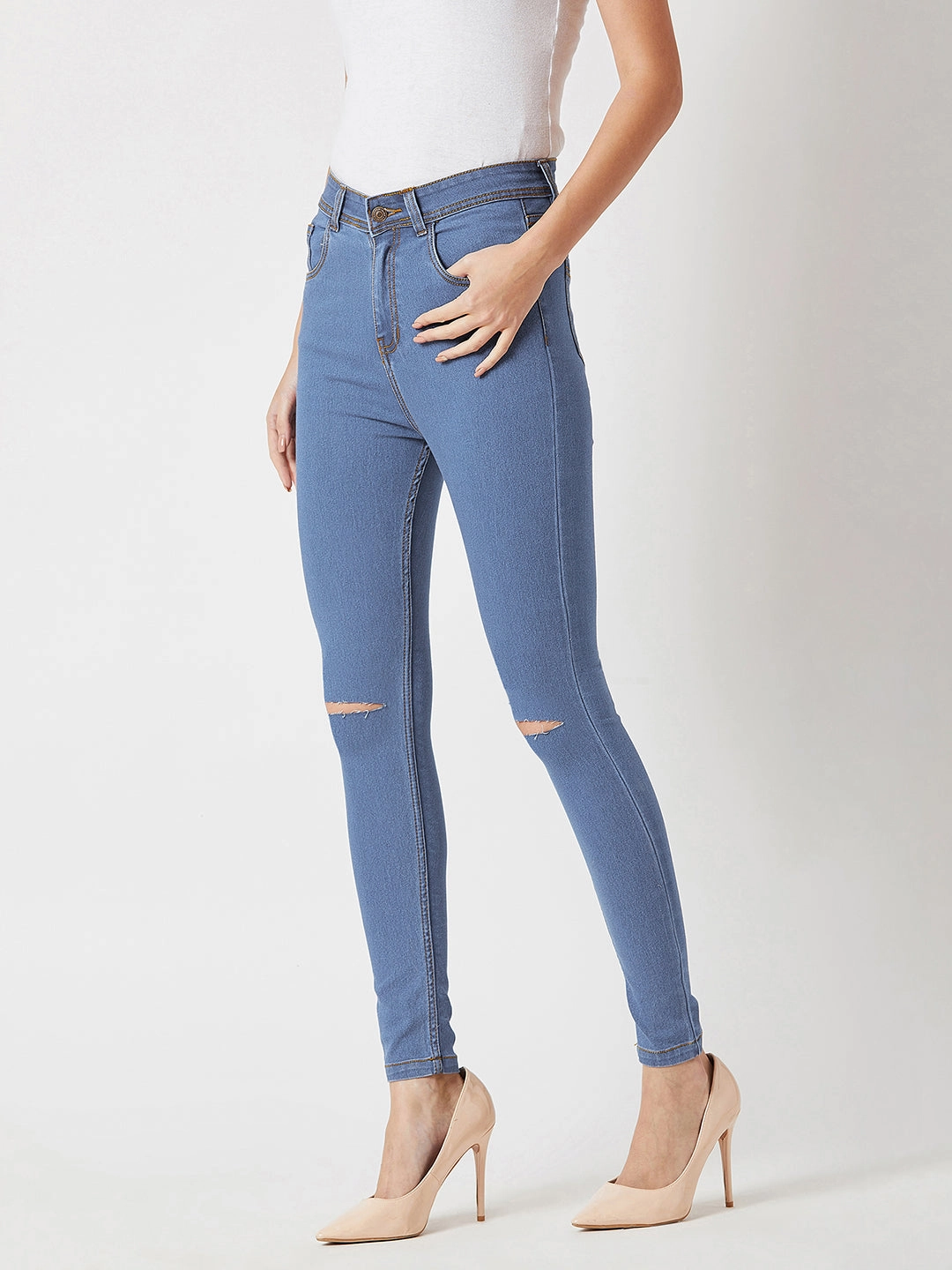Any Occasion 24/7 Comfort Blue Skinny-Fit High-Rise Midly-Distressed Stretchable Denim Jeans
